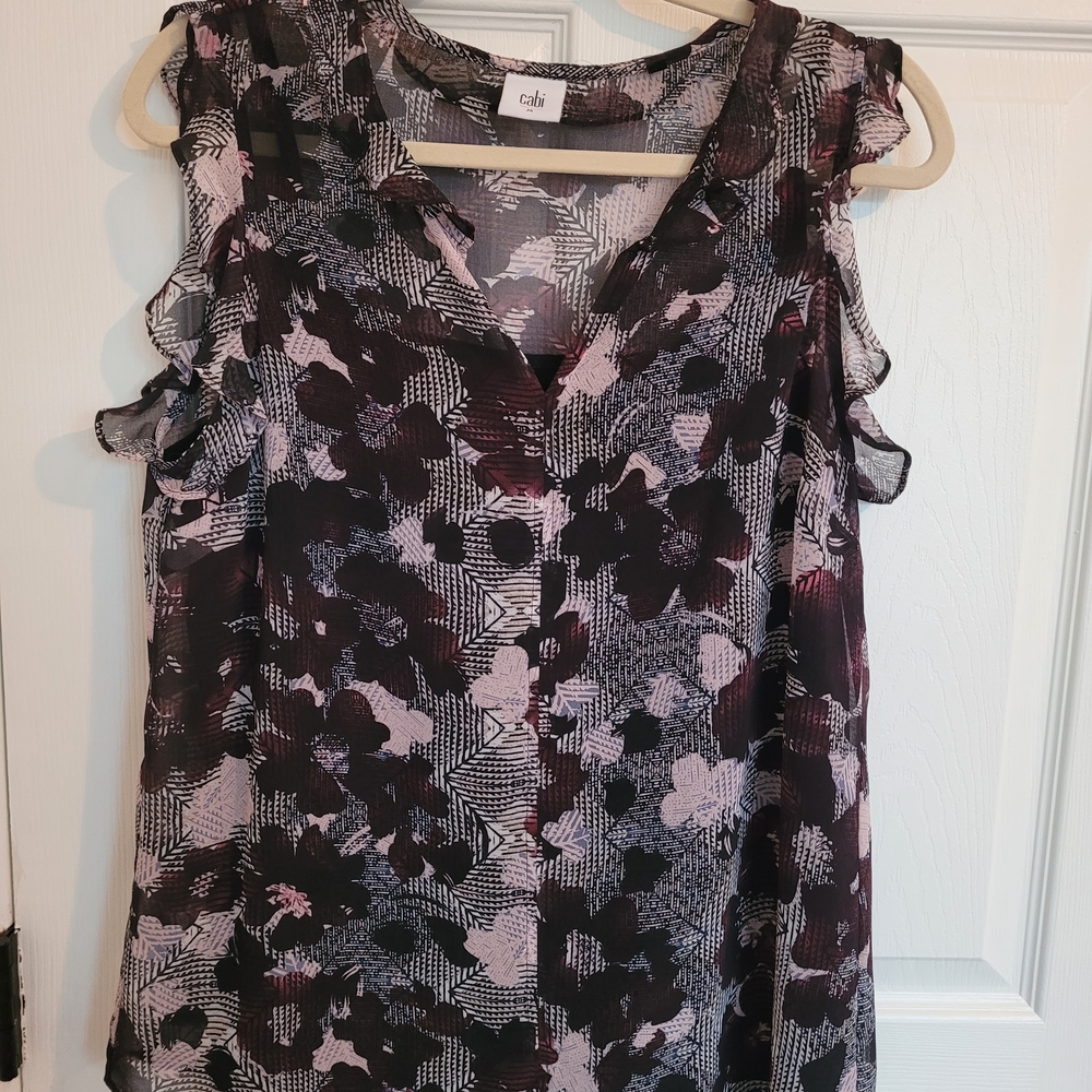 CAbi Women's Sleeveless Ruffle Floral Blouse - Black and Purple